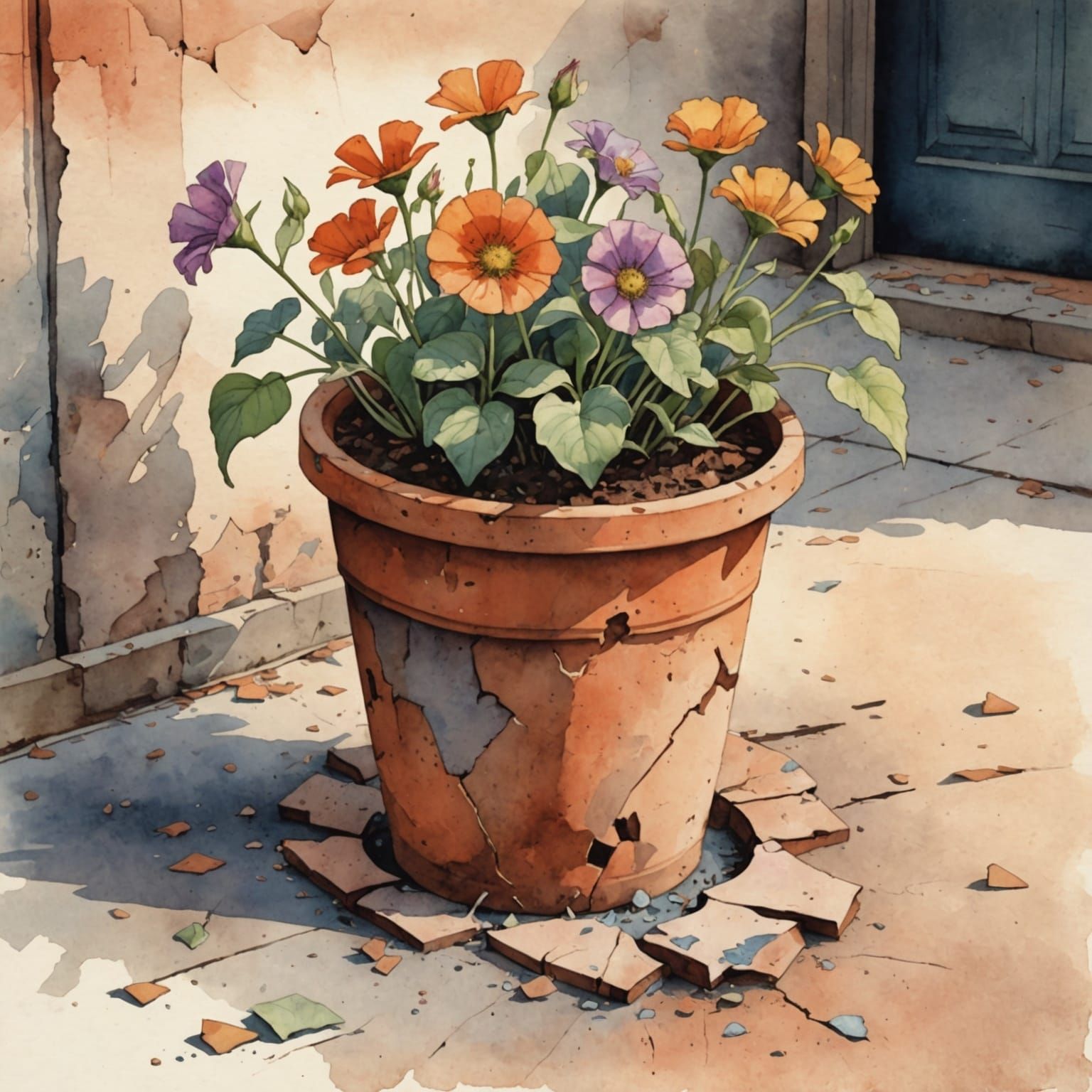 Watercolor of Broken Pot with Wilting Flowers