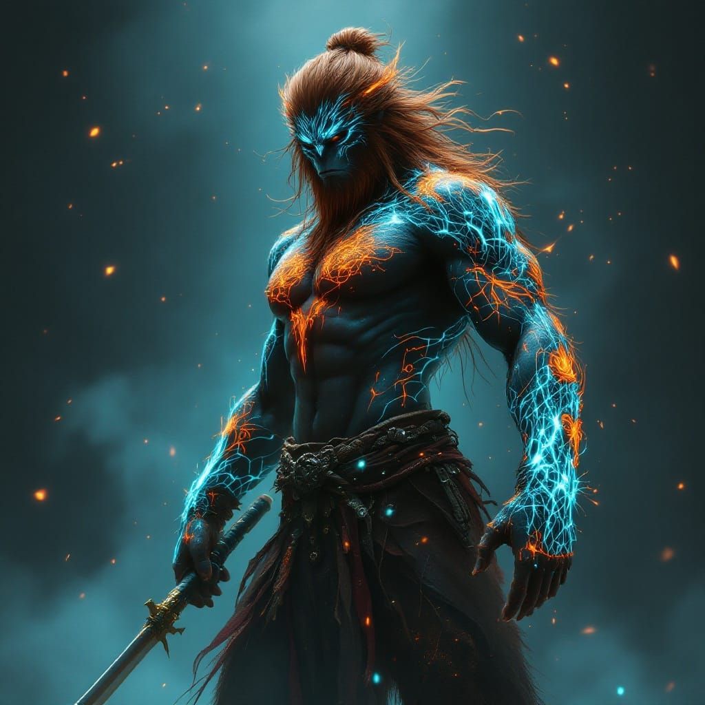 Cyberpunk Fantasy Female Bigfoot Samurai with Bioluminescent...