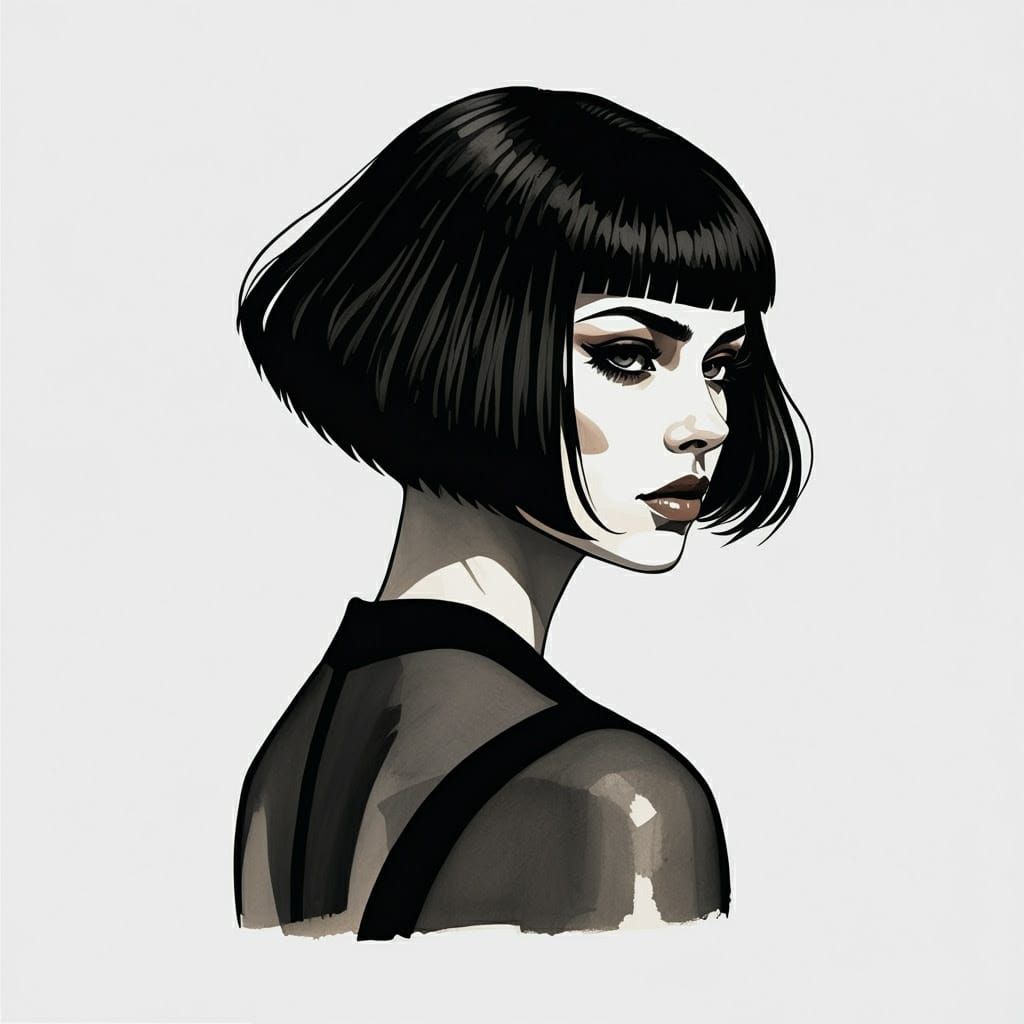 Woman with a Severe Bob Haircut in Minimalist Ink Drawing