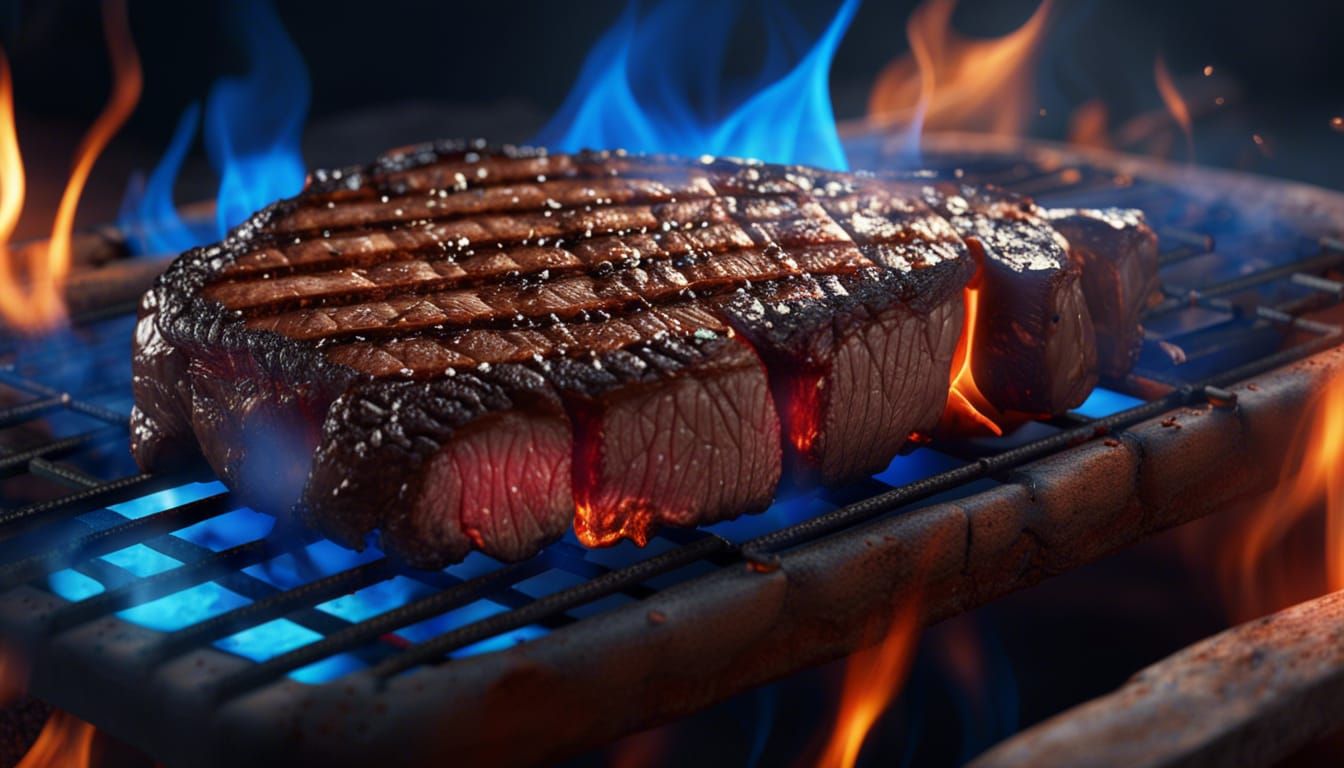 Steak BBQ with Blue Flame: Detailed Digital Painting