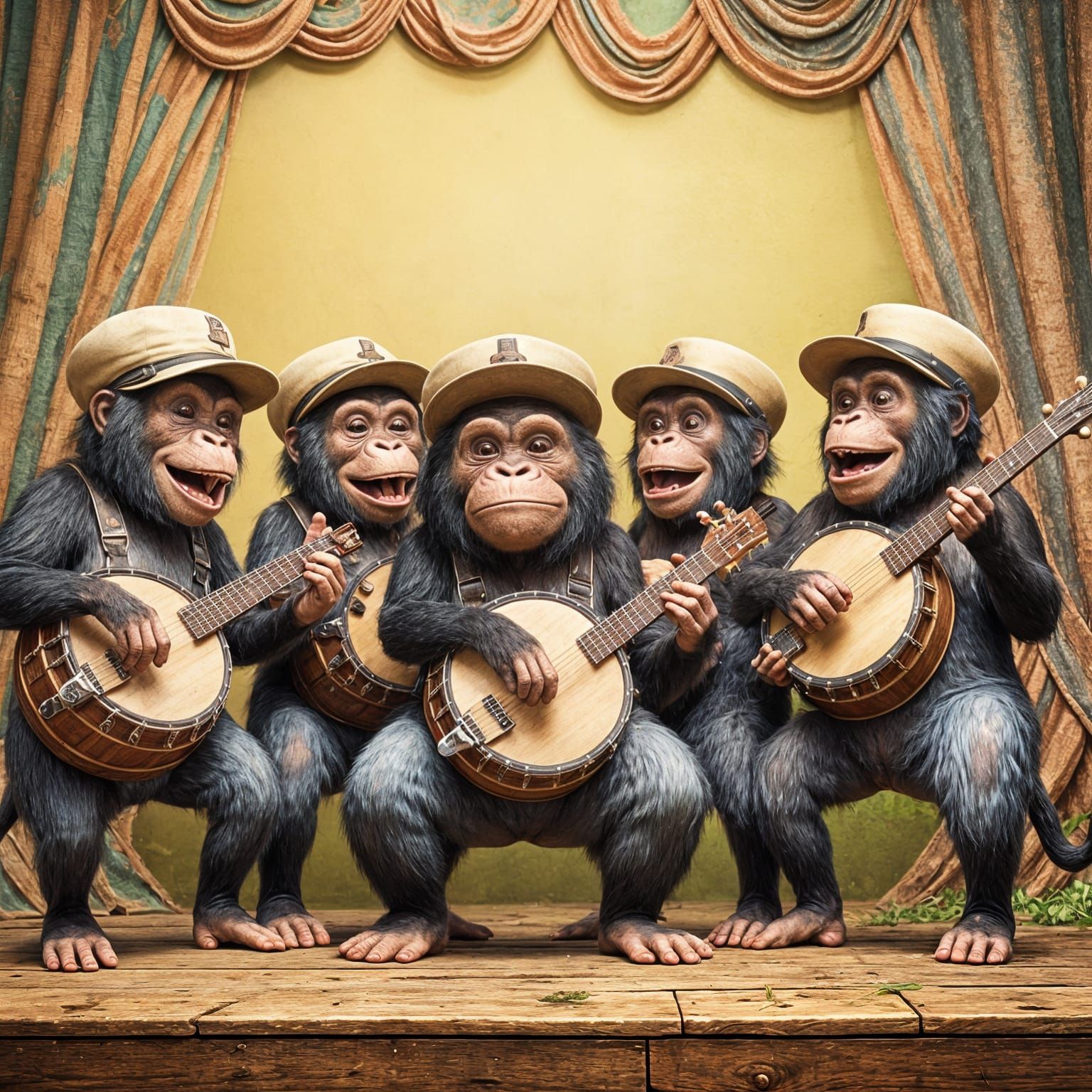 Apes Playing Banjos at a Vintage County Fair in Whimsical Wa...