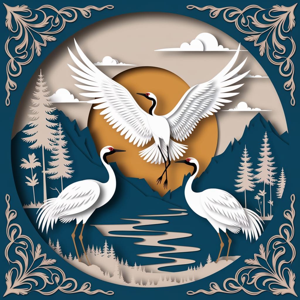 Paper Cut Cranes at Sunrise: Romantic Illustration