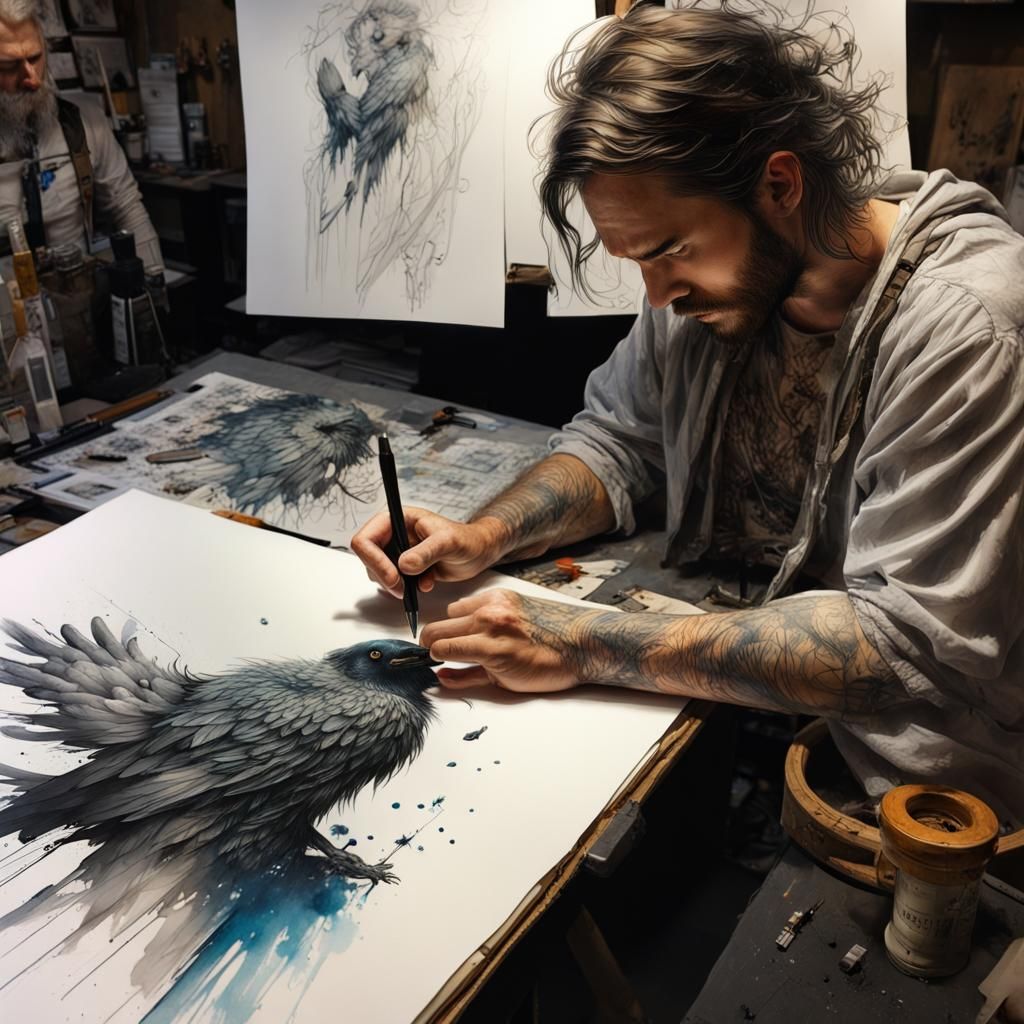 Watercolor Raven Drawn in Ink, Detailed Art
