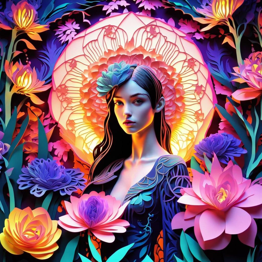 Gothic Girl in Neon Kirigami Garden