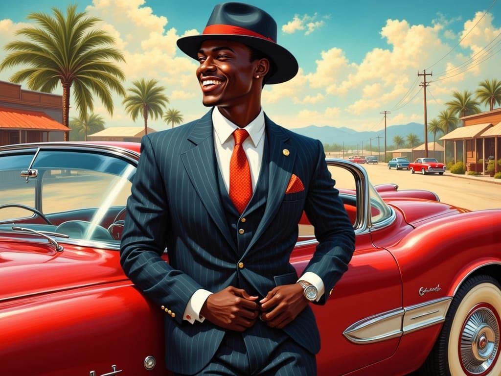 Dapper Black Man in 1950s Suit and Car