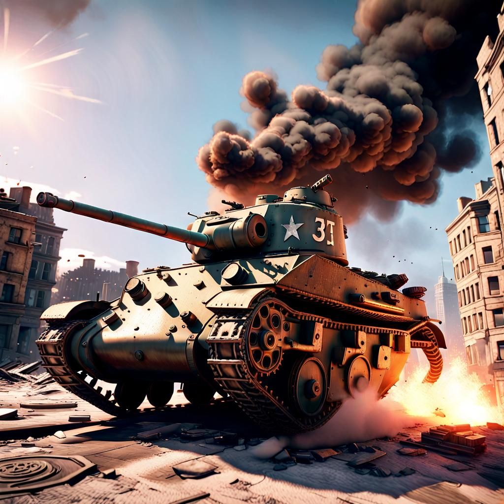 WWII Tank in War-Torn Cityscape, Cinematic 3D Render