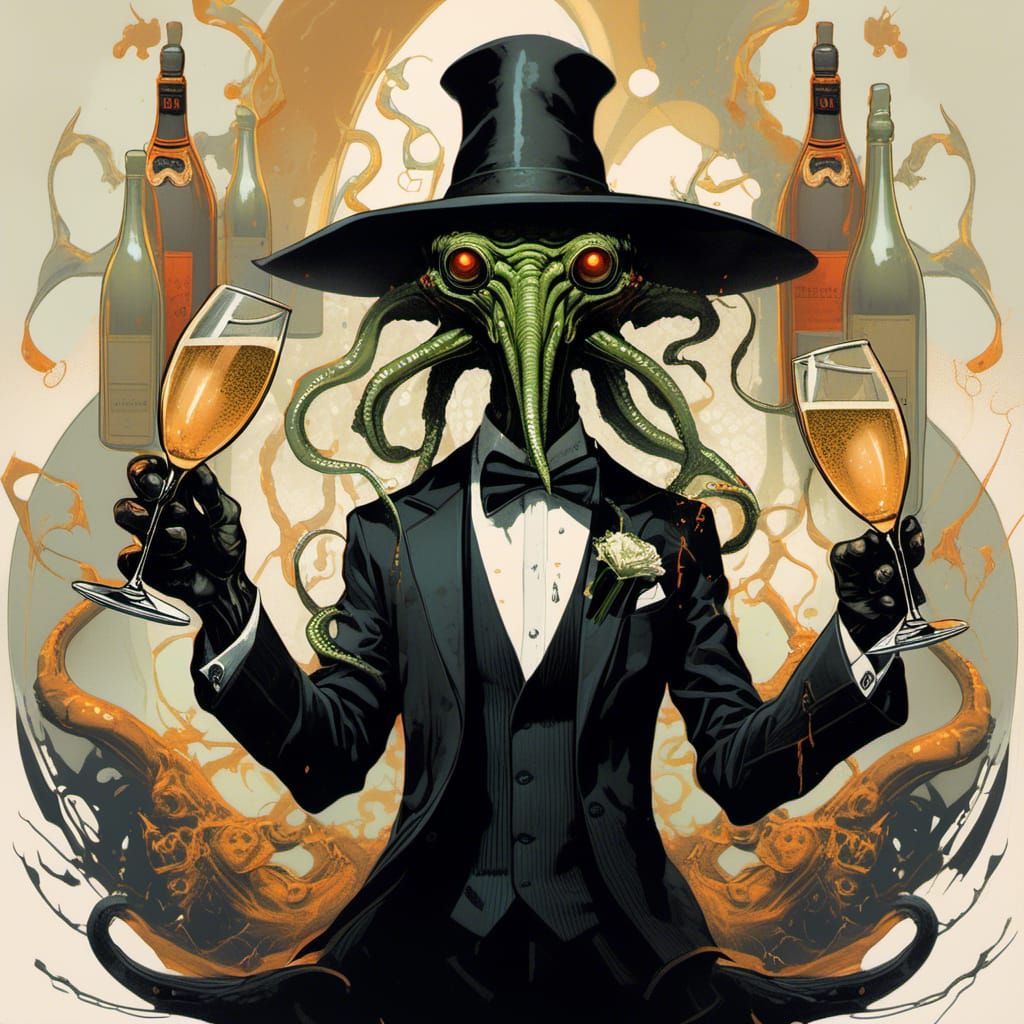 Cthulhu Celebrates Nuptials with Champagne, Graffiti Art