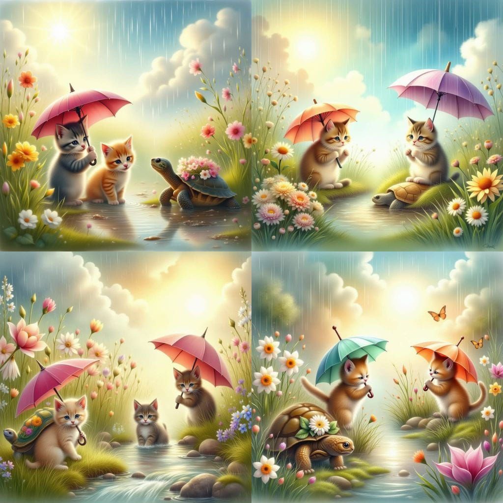 Playful Kitten Friends Dance in Rainy Morning