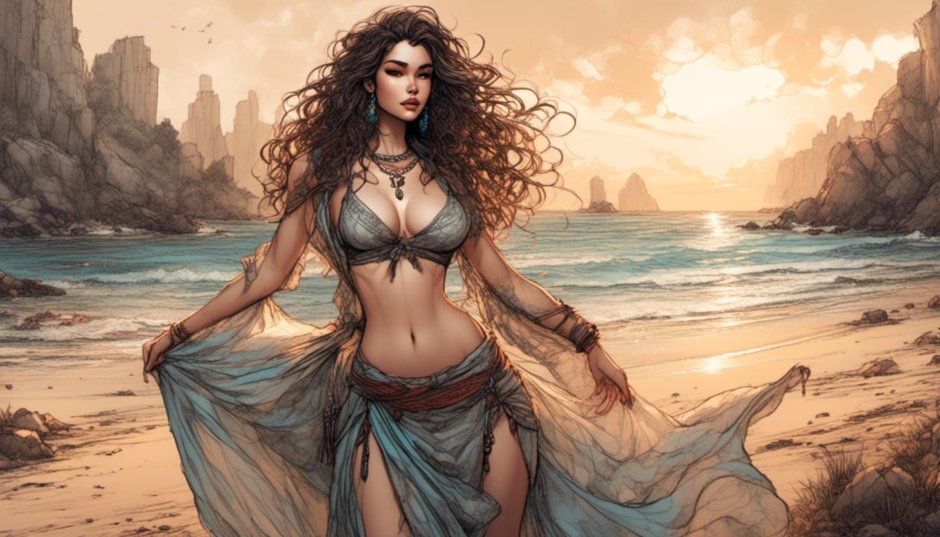 Curvy Bohemian Woman on Beach in Anime Style