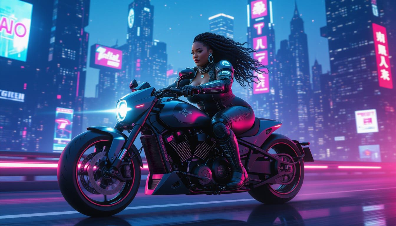 Regal Cyberpunk Woman Rides Neon Motorcycle