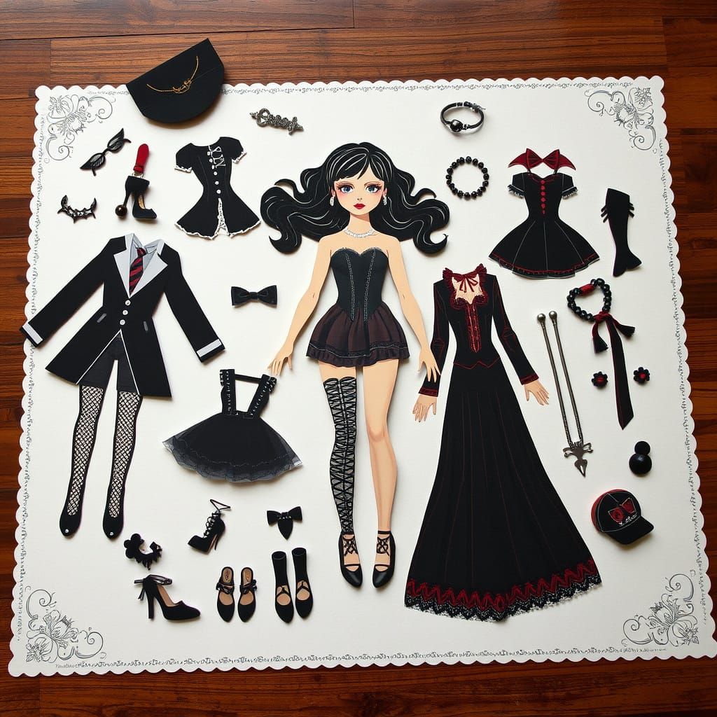 A gothic paper doll lays on a table with multiple different paper gothic outfits and accessories