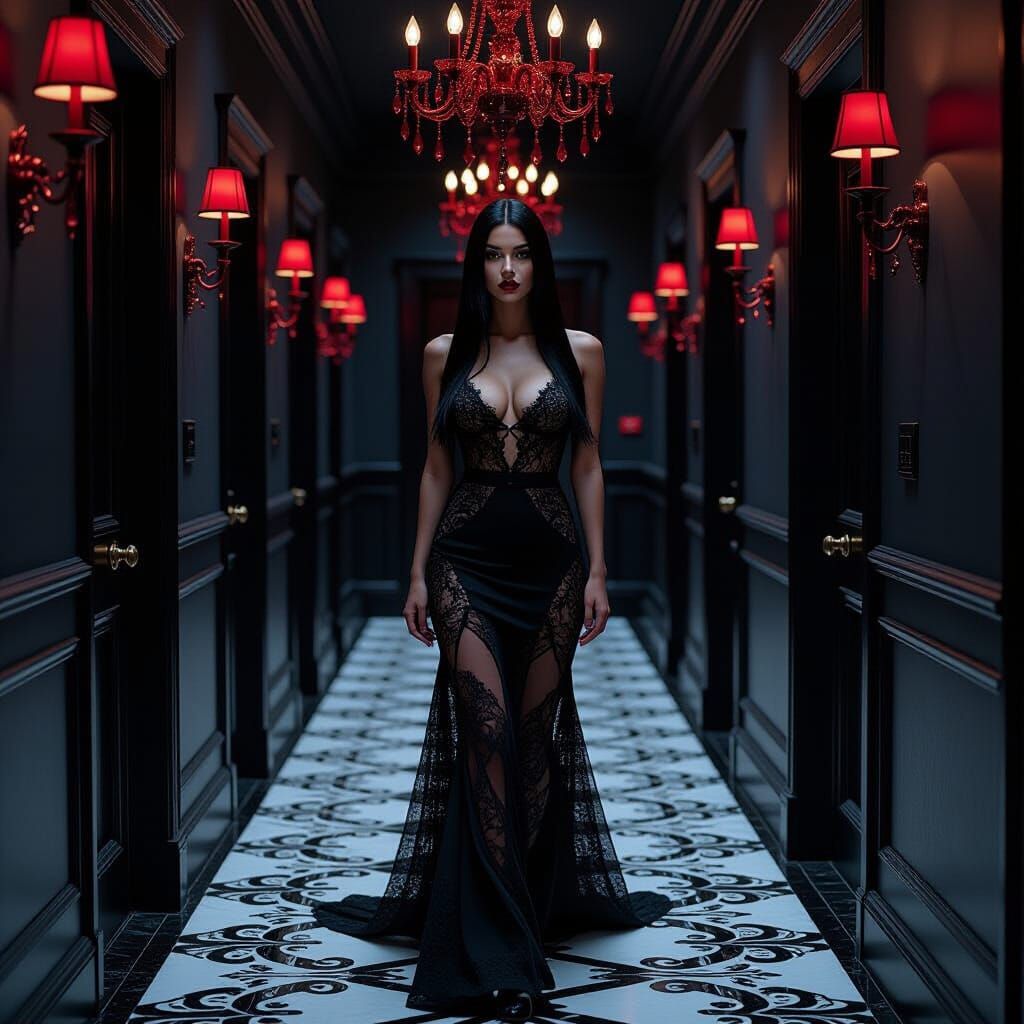 Gothic Woman in Black Hallway with Red Accents