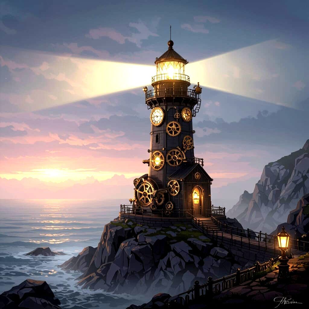 Steampunk Lighthouse in Foggy Twilight Sea
