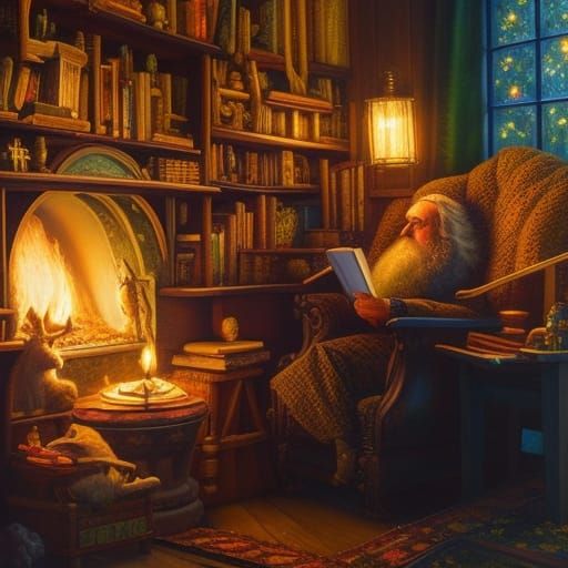 Enchanted Gnome Reading by Firelight