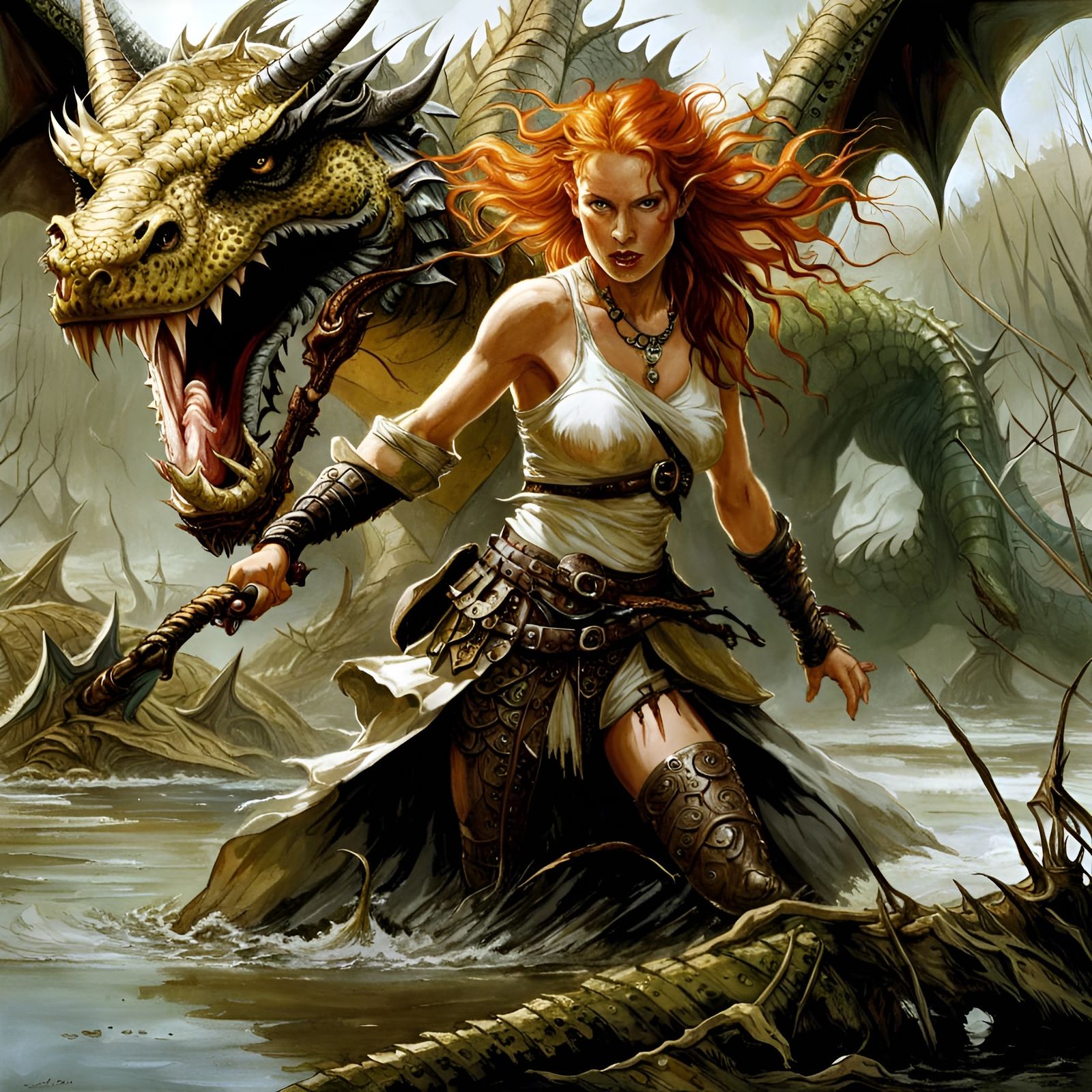 Ginger Adventurer Fighting Monster in Swamp with Dragon