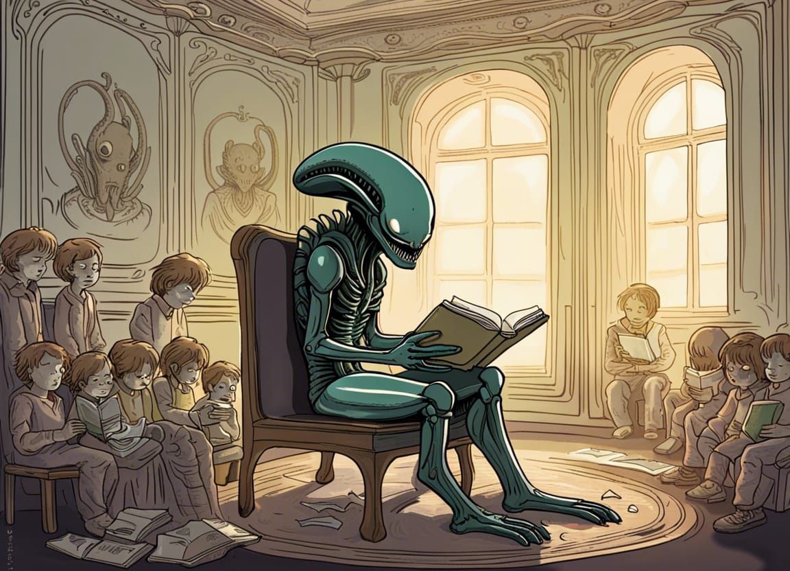 Xenomorph Reads to Children in Art Nouveau Classroom