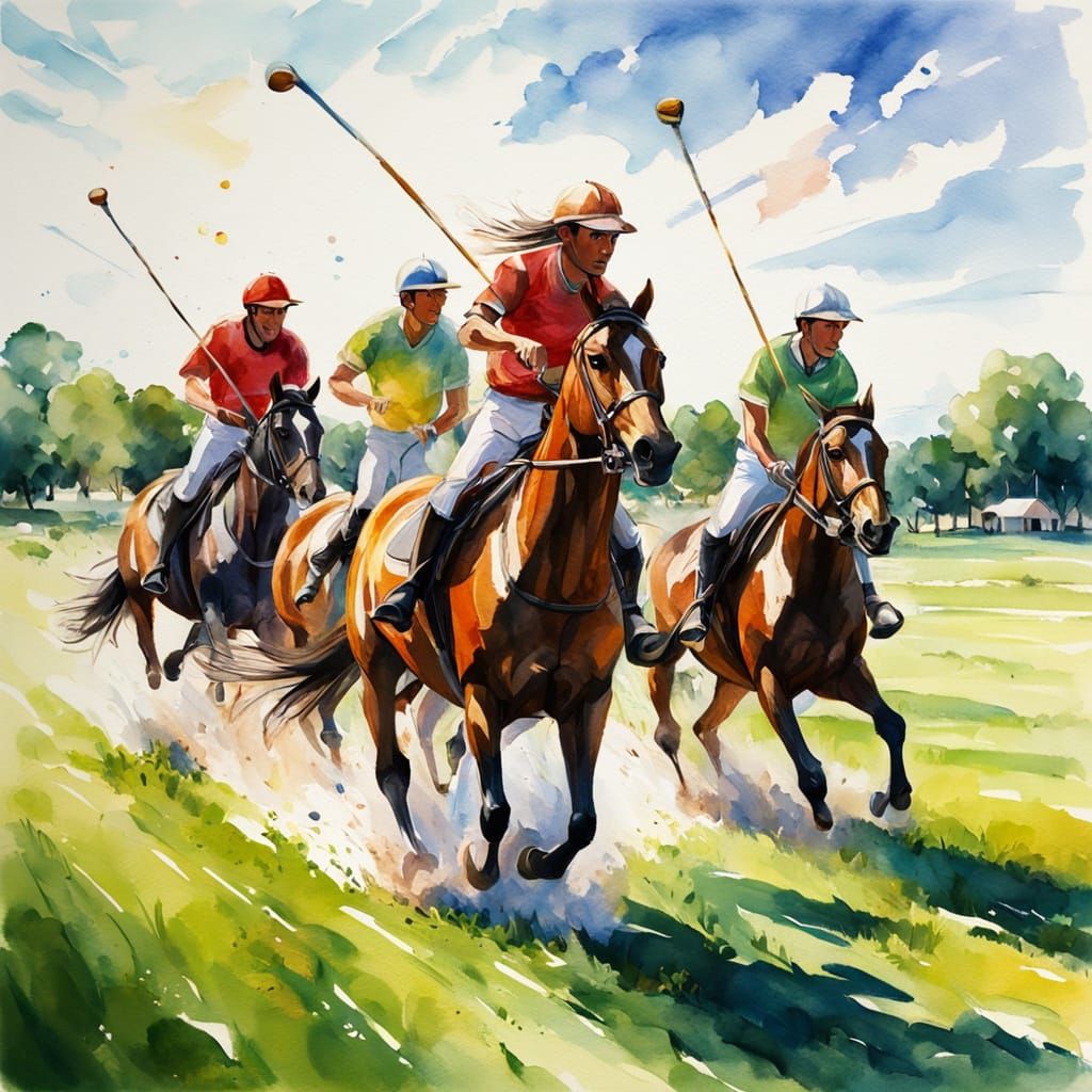 Equestrian Polo Players in a Vibrant Impressionist Watercolo...