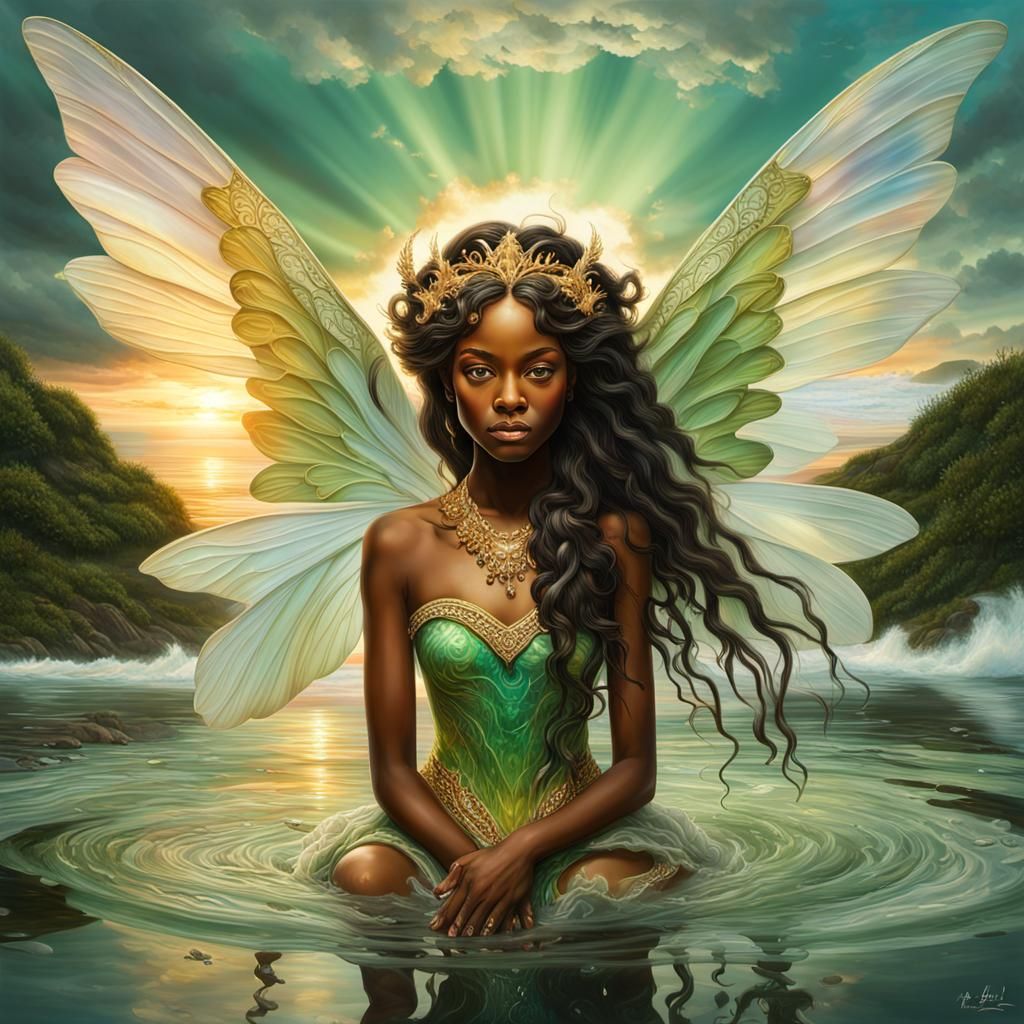 Beautiful Fairy Emerges from Water at Sunrise