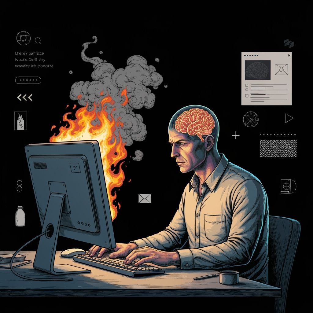 Man's Brain Ignites with Ideas Over Steaming Computer