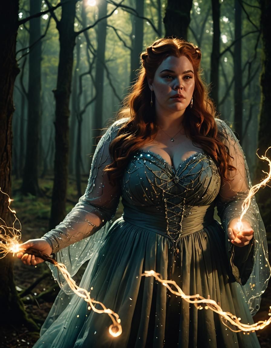 Sorceress Weaving Magic in Moonlit Forest: Cinematic Still