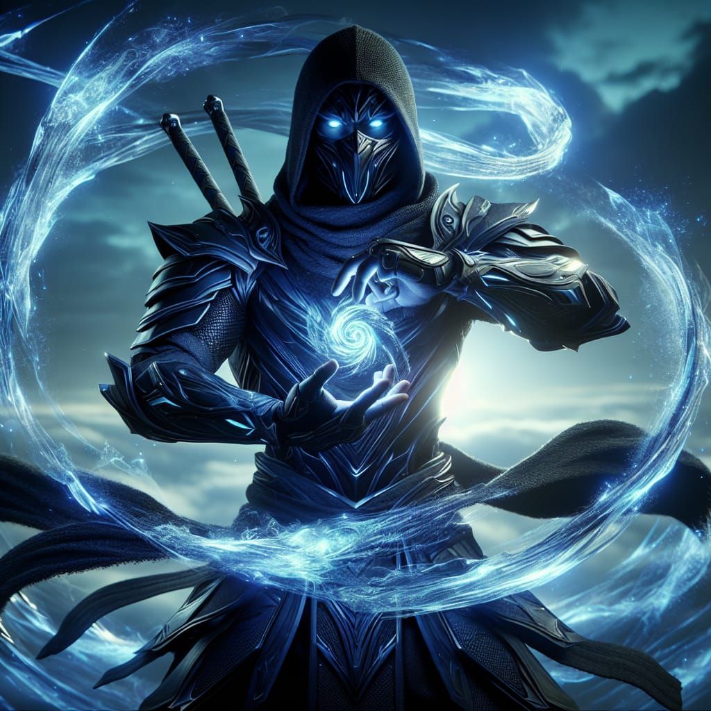 Armored Ninja Hero Bathed in Bioluminescent Icy Energy