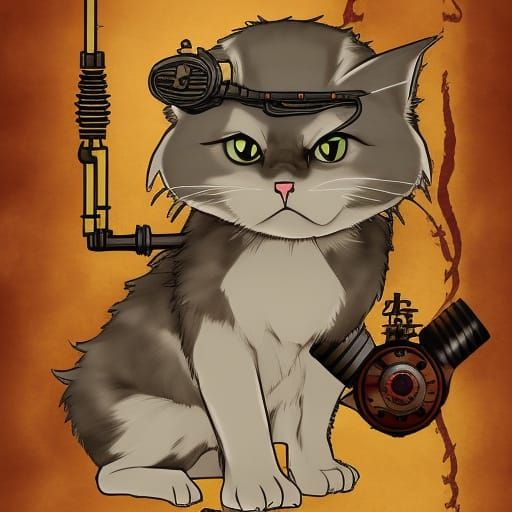 Anime Cat in War with Steampunk Engine