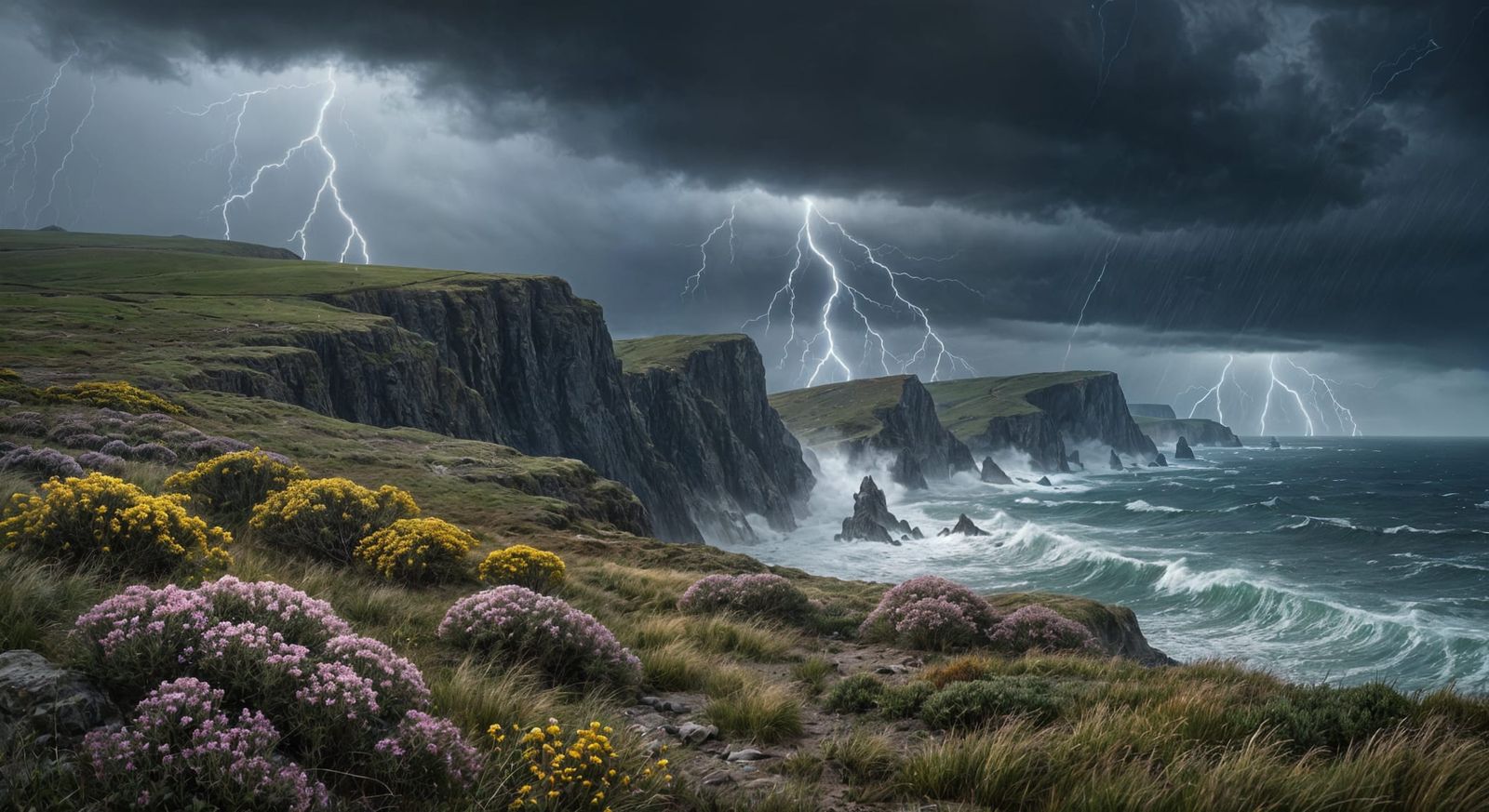 Gale Force Storm on Rugged Coastline with Lightning