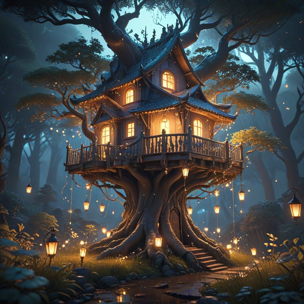 Ethereal Whimsy Treehouse in a Lush Forest