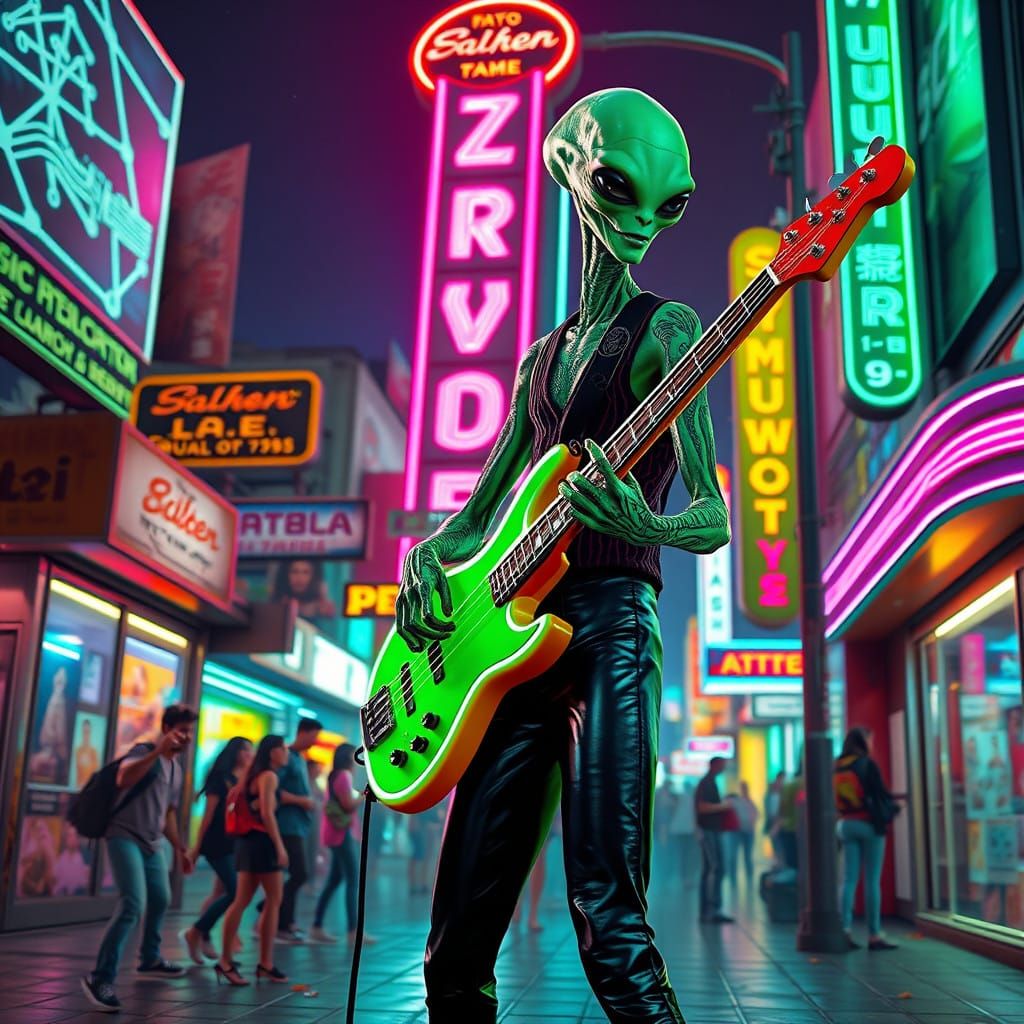 Sleek Alien Bassist Performs Under Vibrant Synthwave Streetl...
