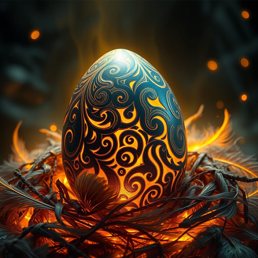 Phoenix Egg in Embers with Glowing Feathers