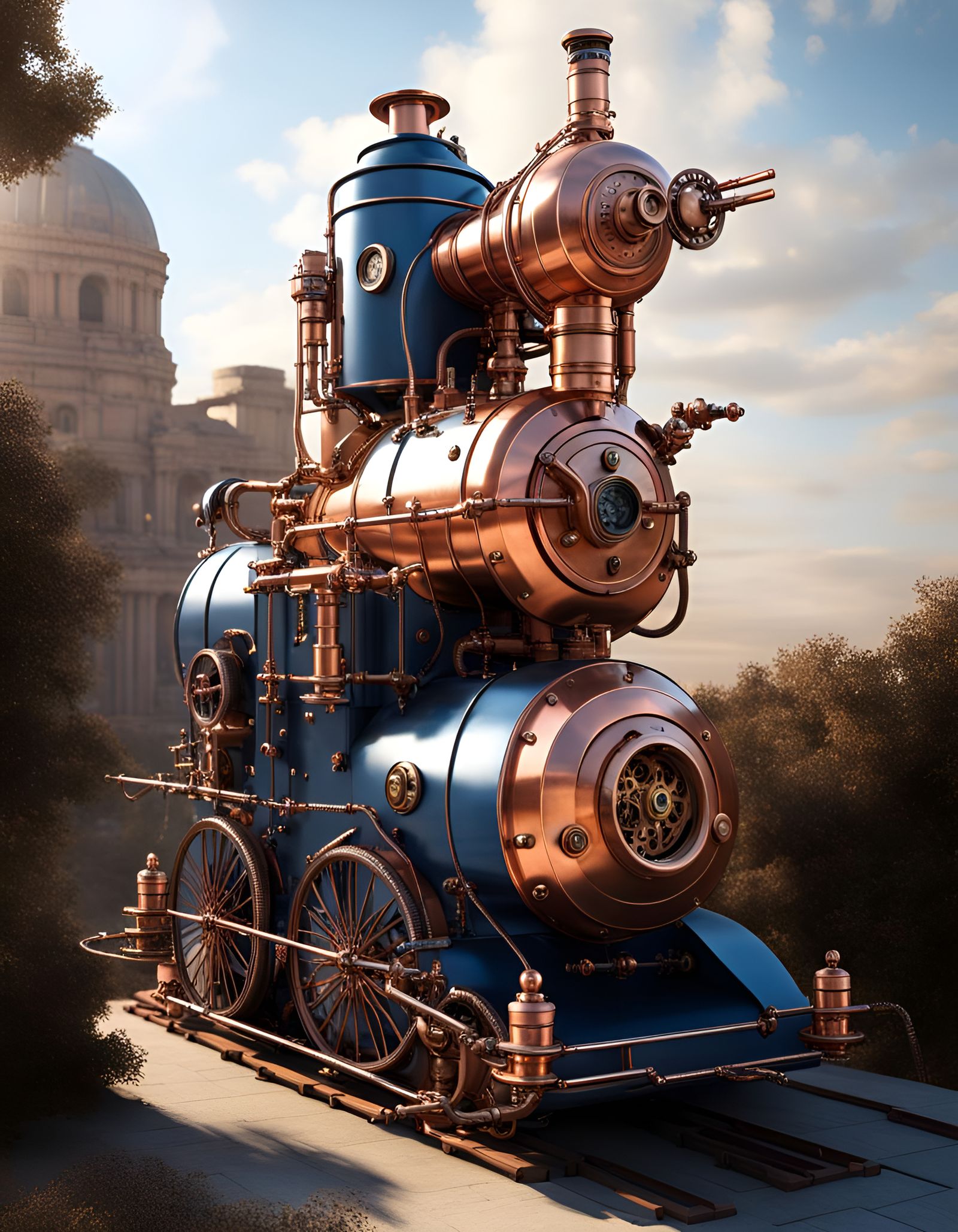 Steampunk Dieselpunk Engine Model in Copper and Blue