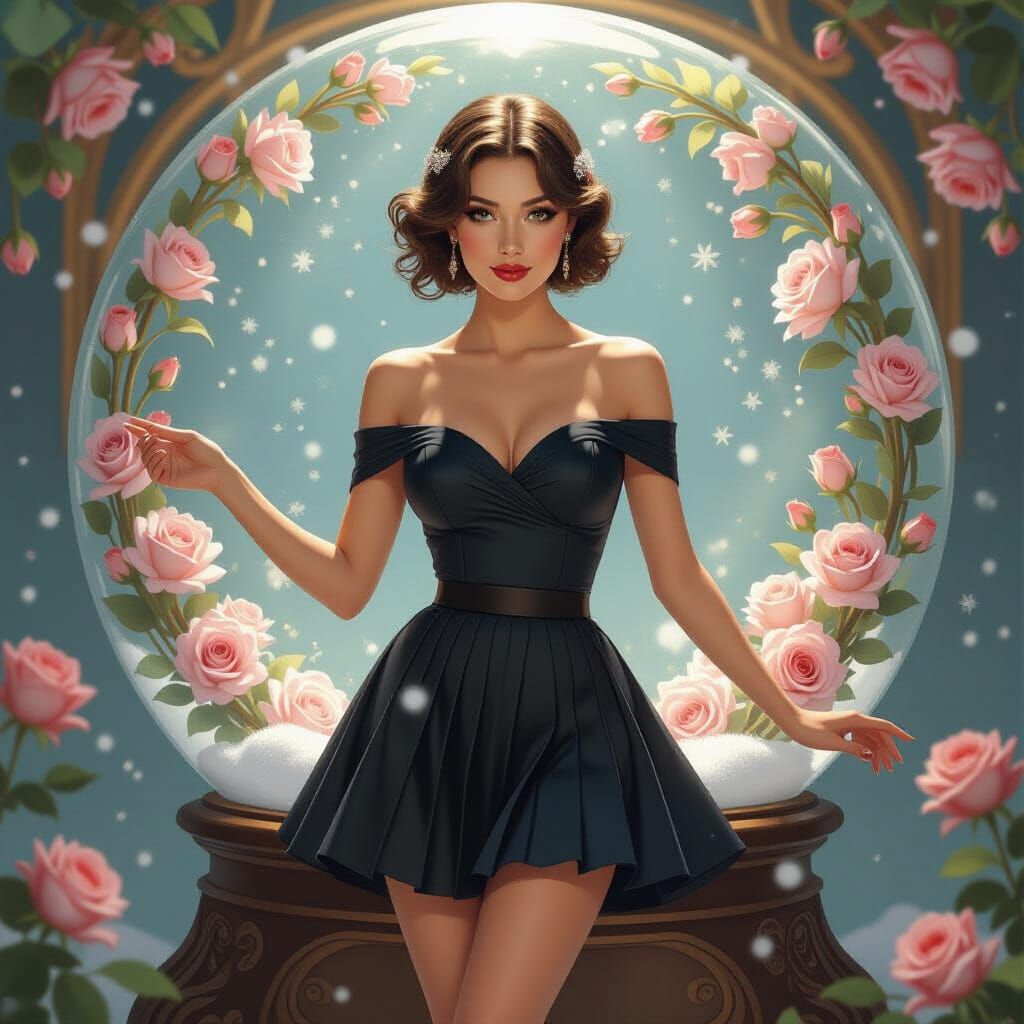 Woman Dancing in Snow Globe with Roses: Art Nouveau Style