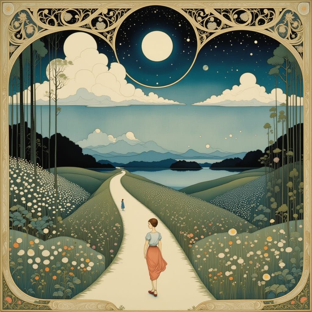 Serene Woman in Dreamy Moonlit Landscape with Ornamental Clo...