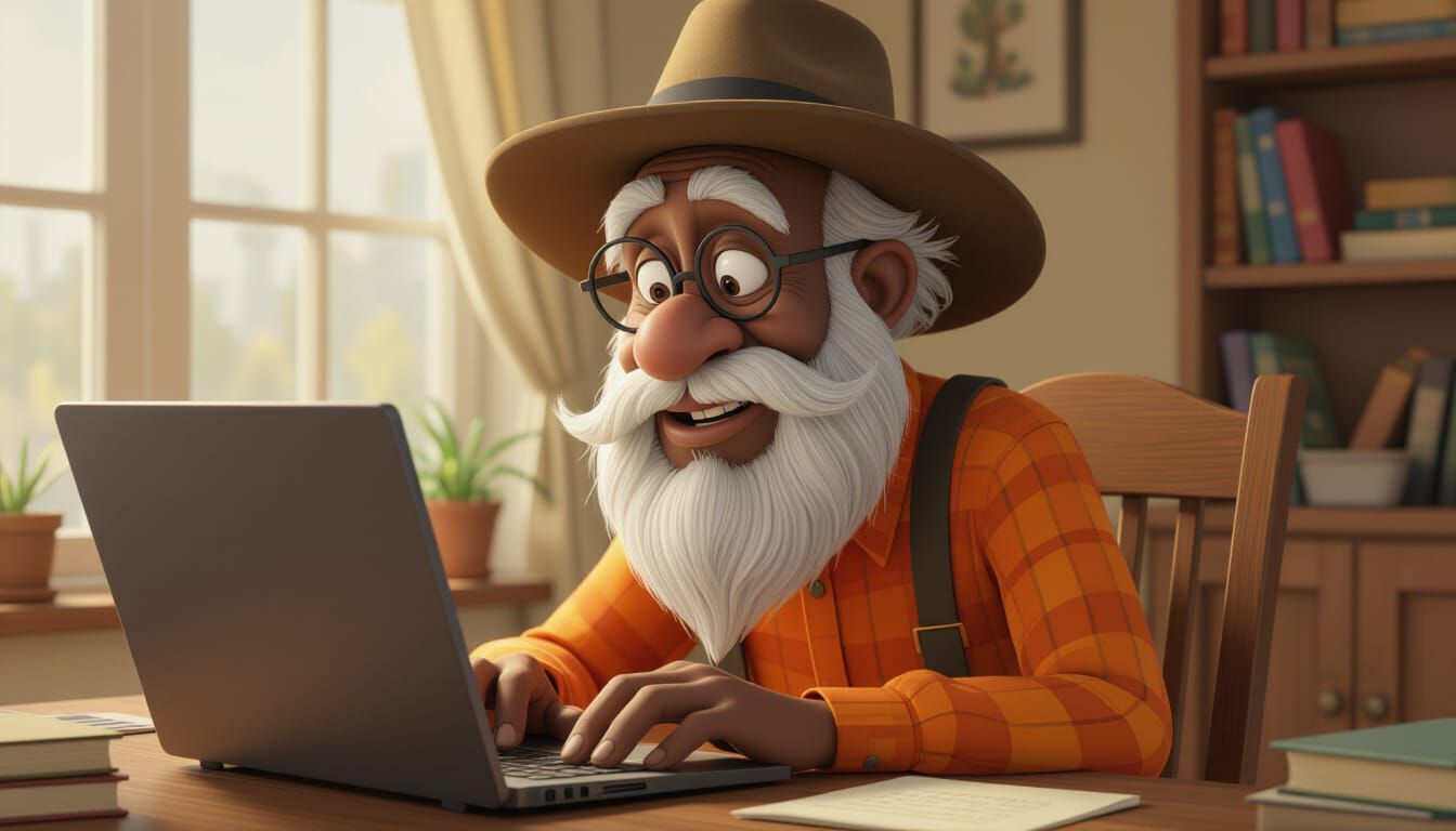 Old Man and Lorax at Laptop, Fantasy Art