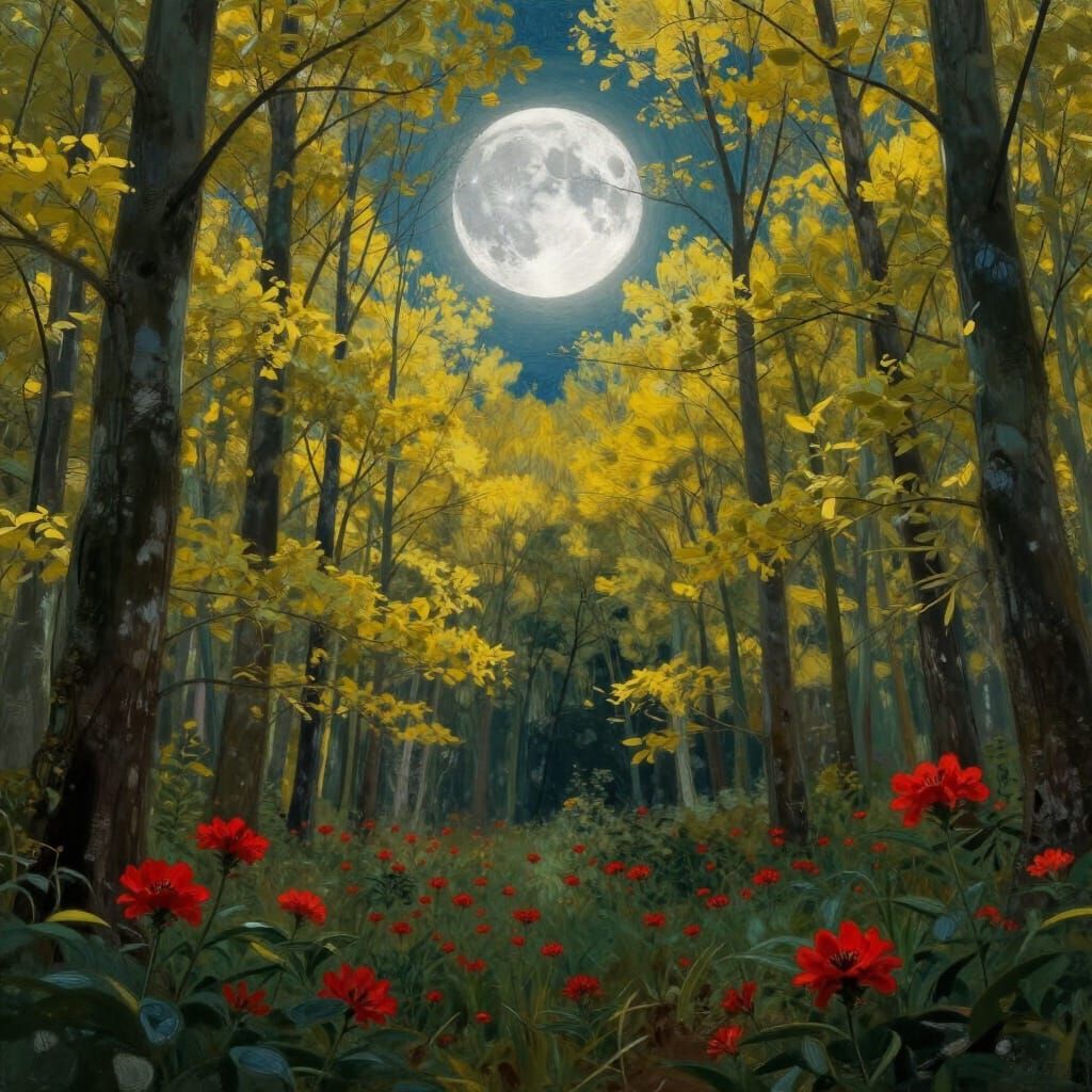 Full Moon Over Yellow Forest and Blue-Green River