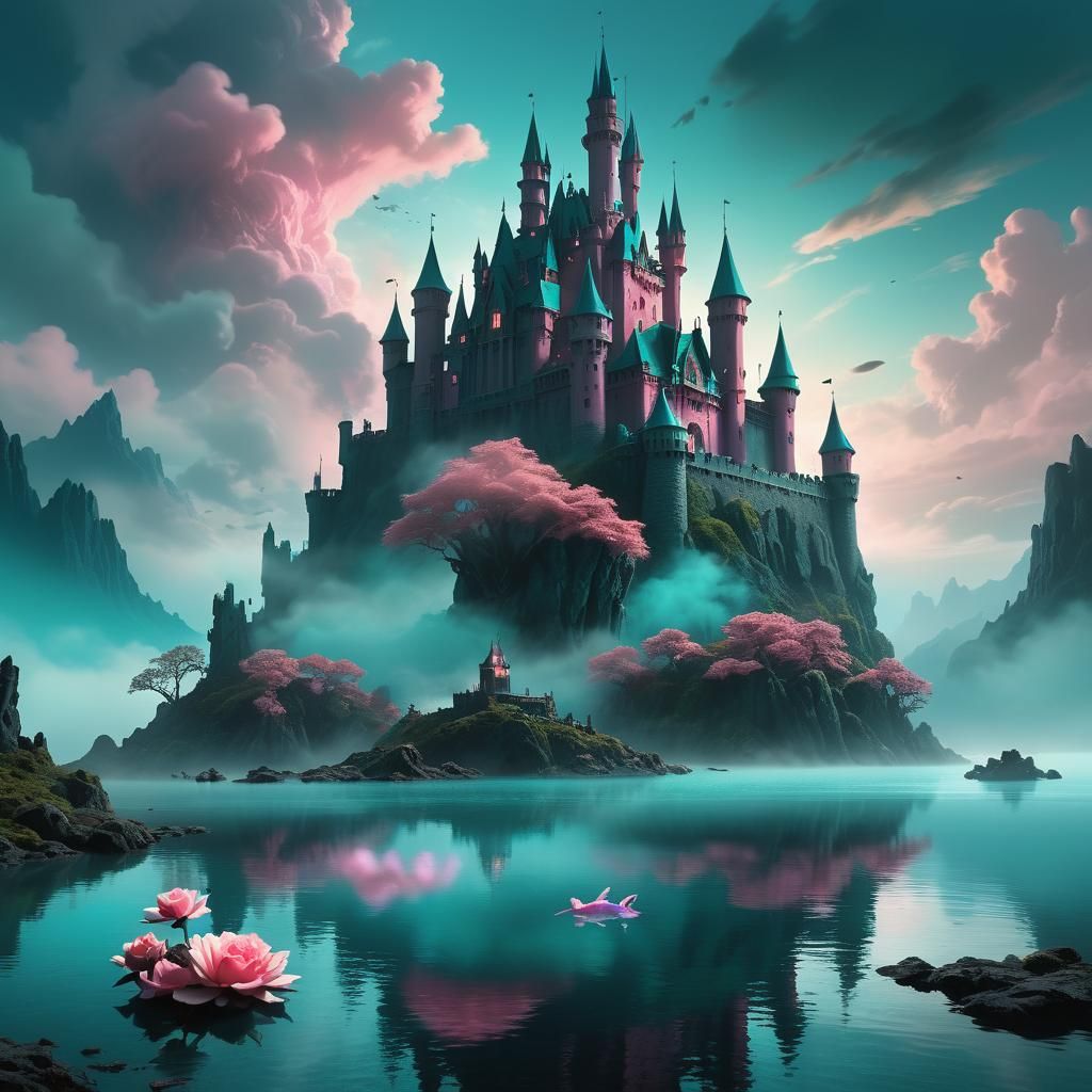 Mystical Teal Castle Rises from Aqua Lake