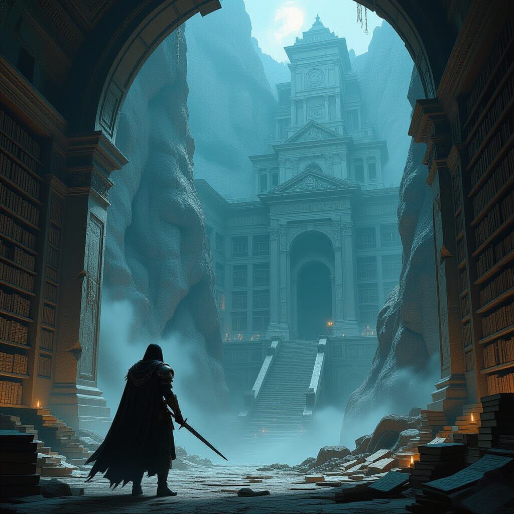 Warrior Before Mountain Library in Digital Matte Style