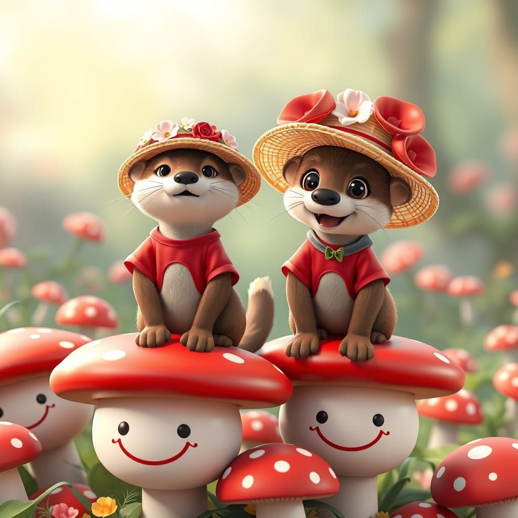 Otter and Dog on Mushrooms in Anime Style