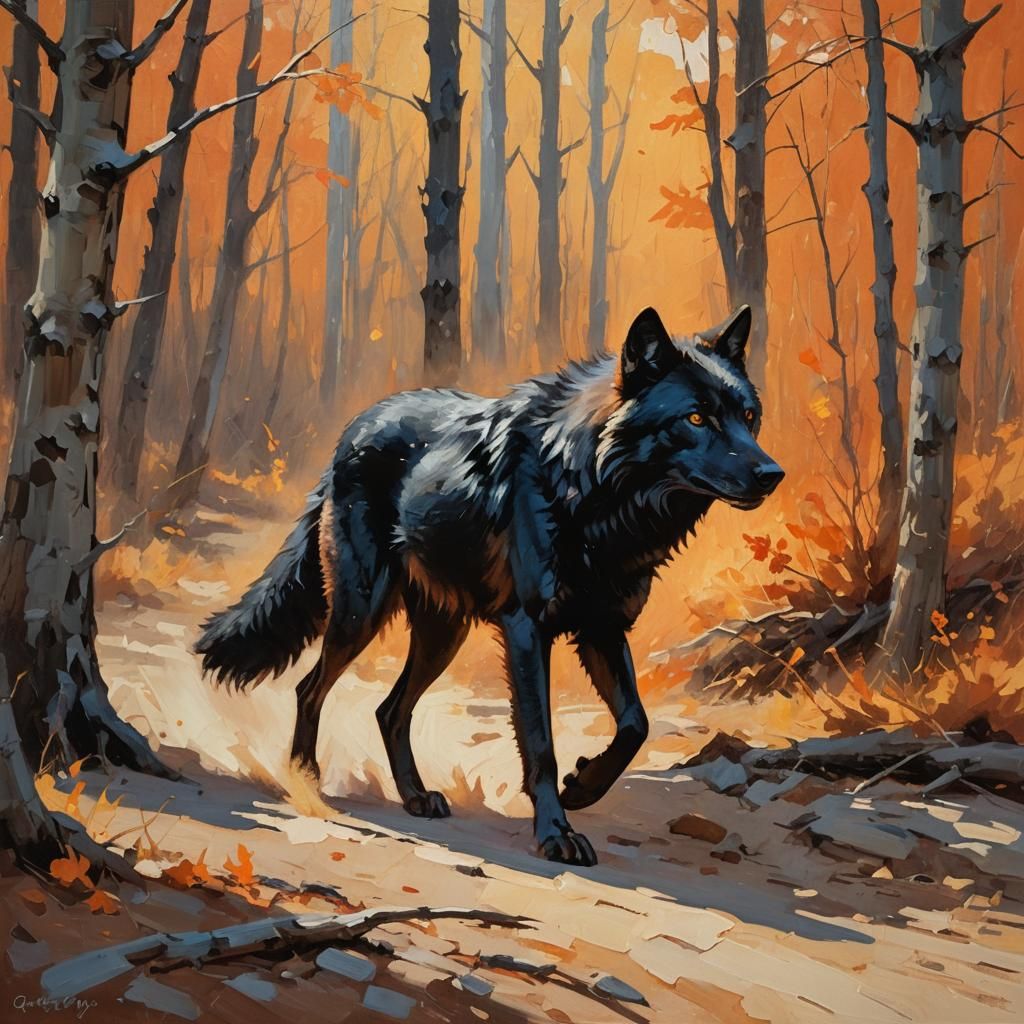 Fiery-Tailed Black Wolf in Impressionist Style
