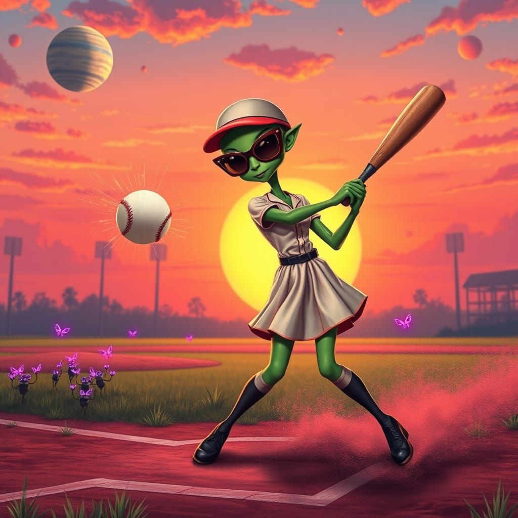 Whimsical Baseball Scene with Alien Batter and Fading Planet...