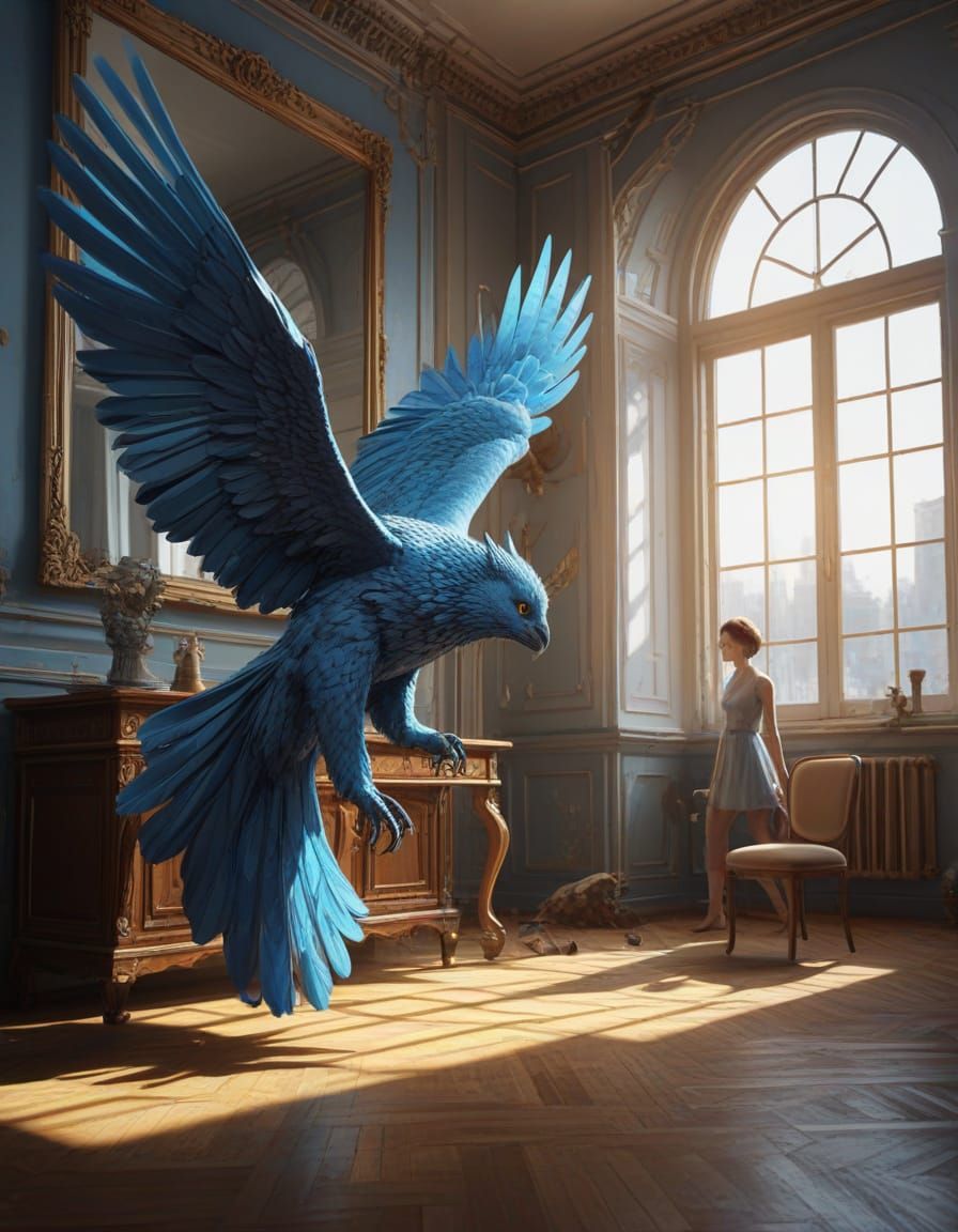 Androgynous Figure and Blue Bird in Sunrise Hall