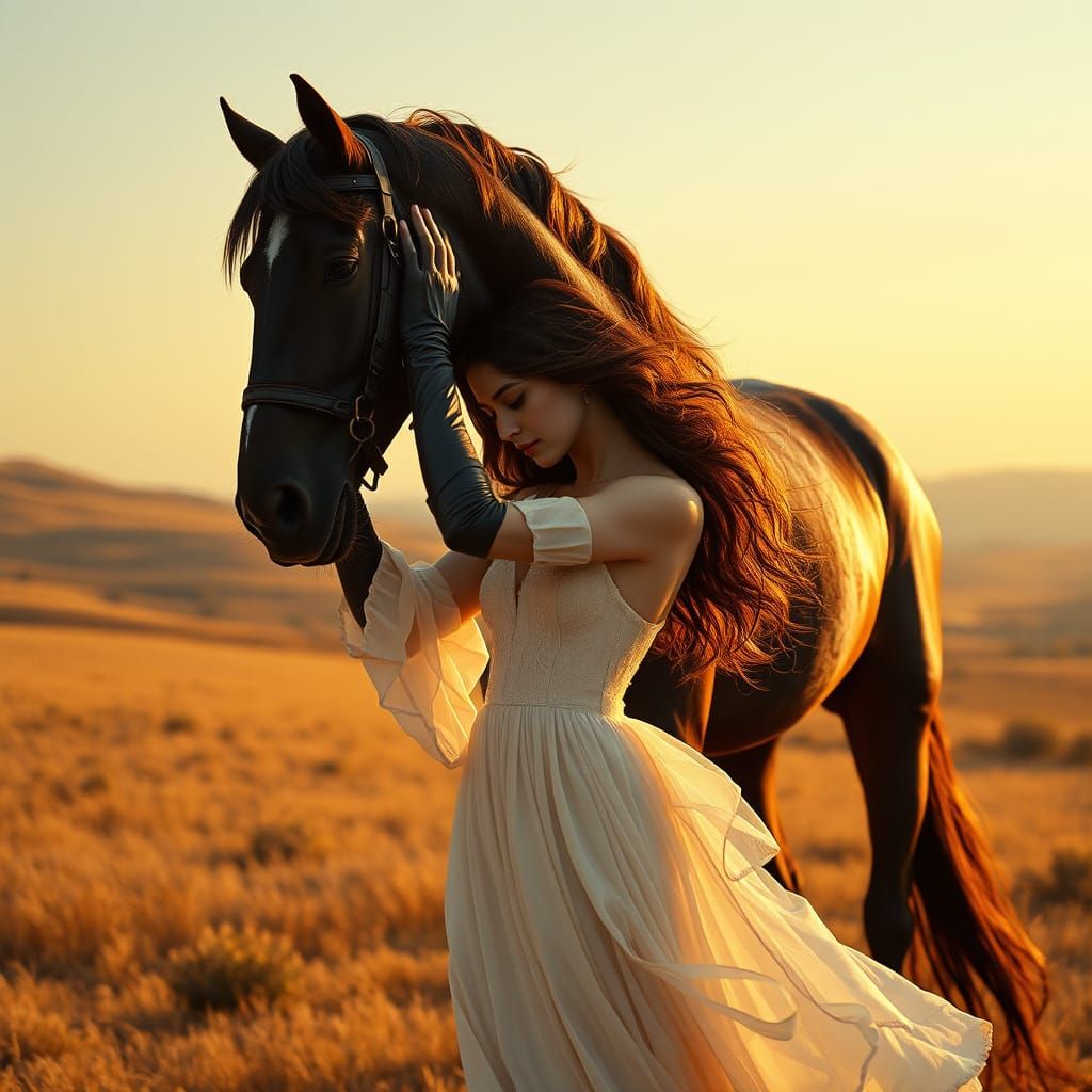 Woman Lifts Horse in Golden Landscape, Digital Art