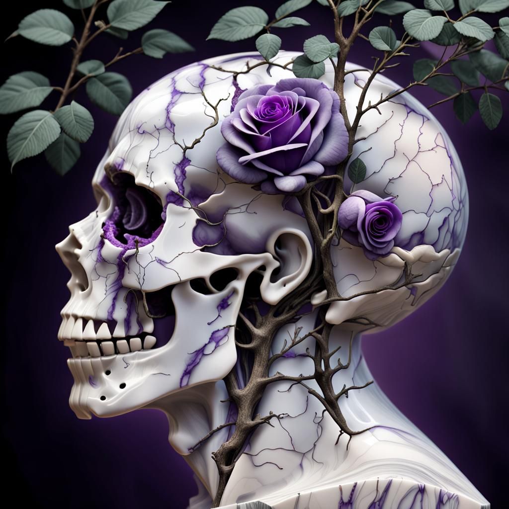 Marble Head Cross Section with Purple Rose Bush