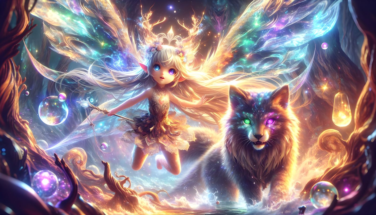 Ethereal Anime Fairy with Starry Feline Companion