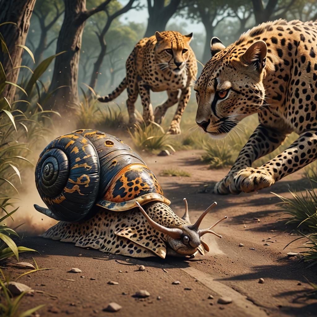 Snail Races Cheetah in Detailed Digital Painting