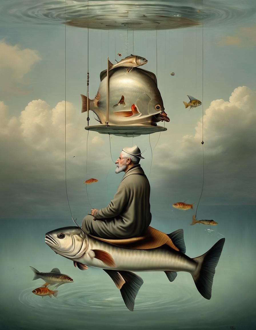 Surreal Aquarium Head Fisherman in Bosch Style