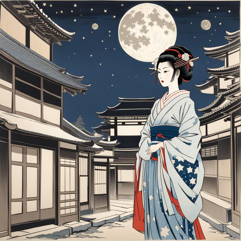 geisha girl in town under a full moon, stars,  , Ukiyo-e