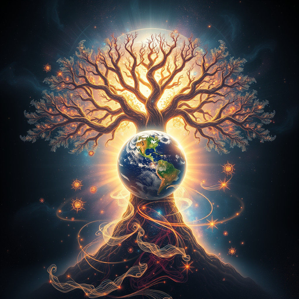 Ethereal Being with Tree of Life in Cosmic Art