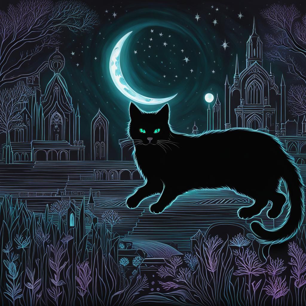 Bioluminescent Iridescent Black Cat in Gothic Moonlight