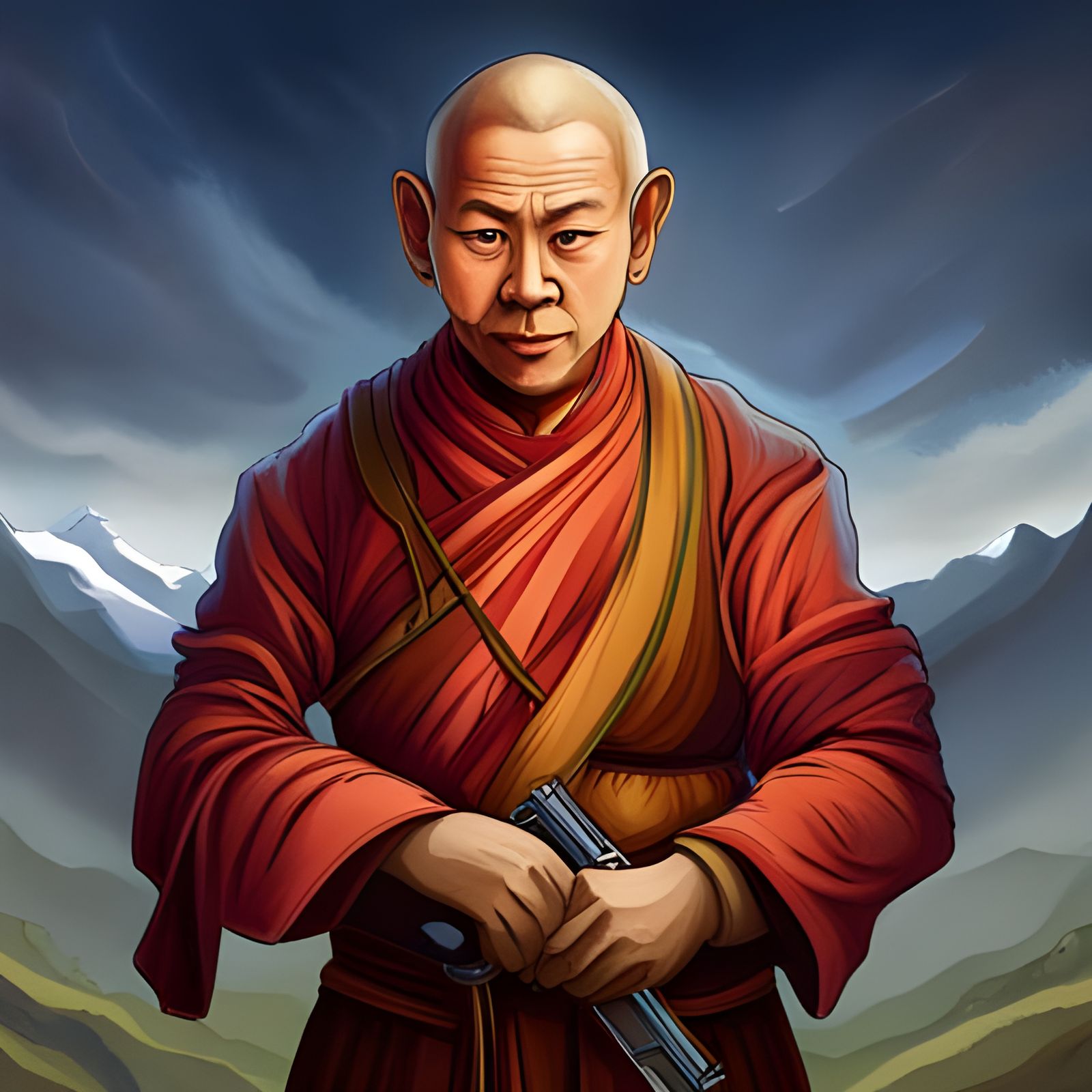 Rhino Monk with Ruby Armor in Mountain Landscape